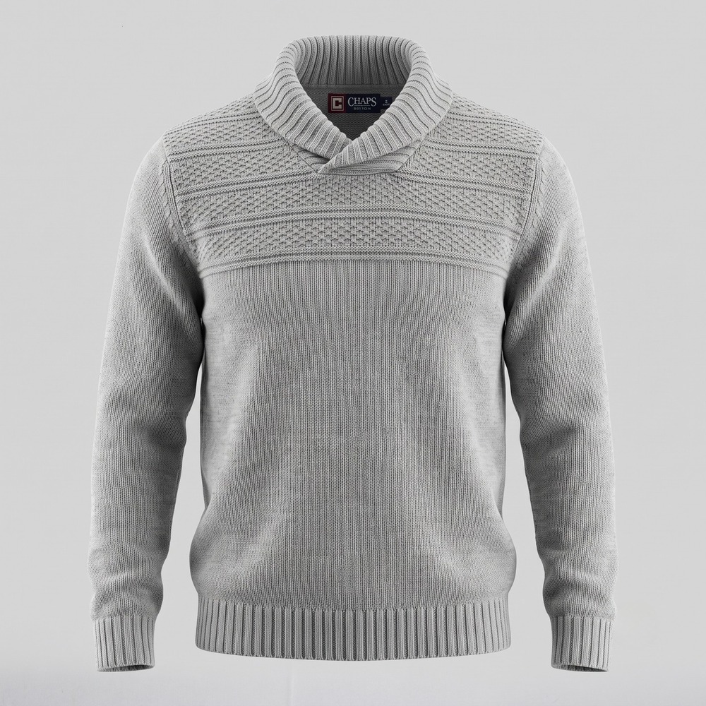 Chaps Sweater Mens Large Grey Cotton Shawl Neck Textured Knit Pullover Classic